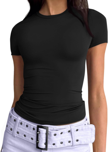Womens Basic T Shirts Summer 2025 Scoop Neck Short Sleeve Crop Tops Slim Fit Tee