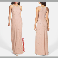 NEW Adrianna Papell Caviar Illusion Back Beaded Gown in Taupe Pink SZ 8 N159
