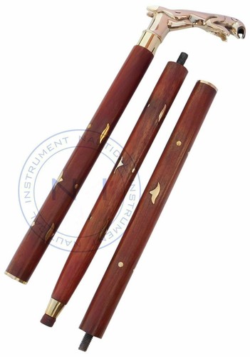 Antique Style Designer Brass Jaguar Head Handle Brown Wooden Walking Cane Stick - Picture 6 of 6