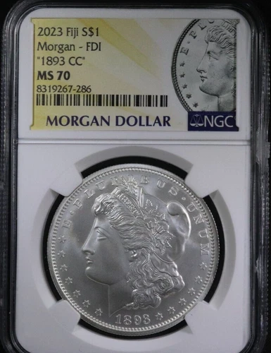 1893 CC MORGAN SILVER DOLLAR NGC MS70 FIRST DAY MORGAN LABEL 2023 FIJI MINT .999