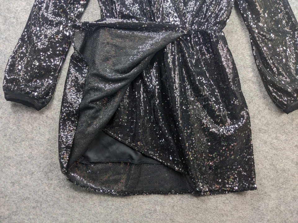 Honey Belle Dress Womens Medium Black Sequin Long Sleeve Surplice Neck Faux Wrap - Image 3 of 4