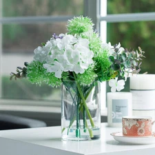 Mixed Artificial Silk Hydrangea and Greenery in Clear Glass Vase