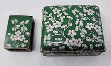 Antique Cloisonné Cigarette Box W/Ball Feet & Matching Match Box Holder Green