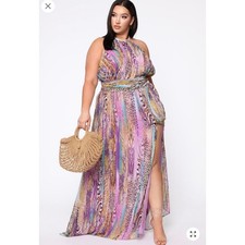 Fashion Nova Infinite Love Halter Neck Front Split Maxi Dress Size 1X NWT Purple