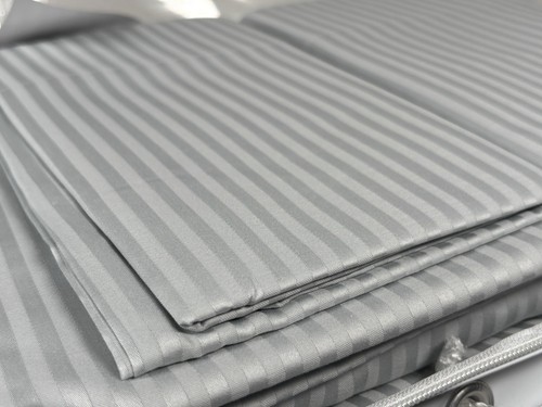 Bellino KING Stripe Sateen Sheet Set 100% Cotton Italy 300TC Gray Silver Sheen - Picture 9 of 14
