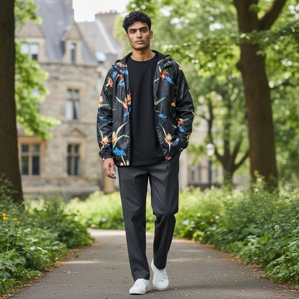 Levis Mens M 1/2 Zip Black Floral Lightweight Packable Hooded Windbreaker Jacket