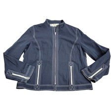 Doncaster Navy Blue Cotton Silk Contrast Stitch Zip Front Jacket Mock Neck 12