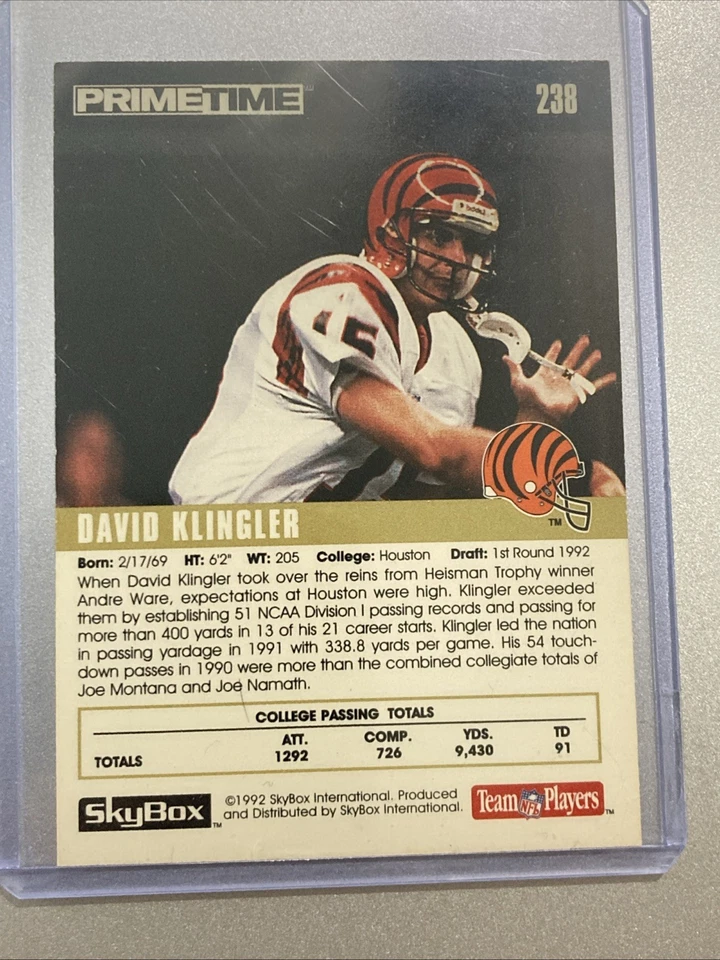 1992 Skybox Primetime - David Klingler #238 (RC) Cincinnati Bengals - Image 2 of 4