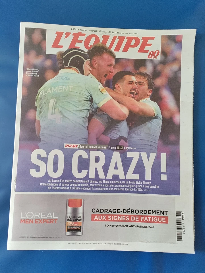 L'EQUIPE DE FRANCE DE RUGBY REMPORTE LE TOURNOI/Journal l'équipe 15/3/2026 - Photo 1/1