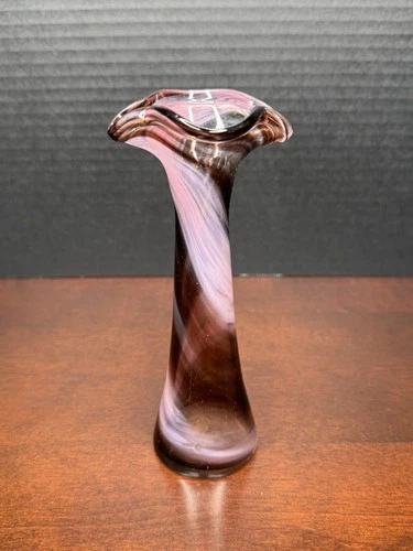 Vintage Murano Purple & White Hand-Blown Swirly Design Glass Bud Vase 6”