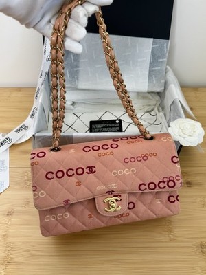 100% Authentic CHANEL Classic Double Flap Pink Canvas COCO Print  Shoulder Bag