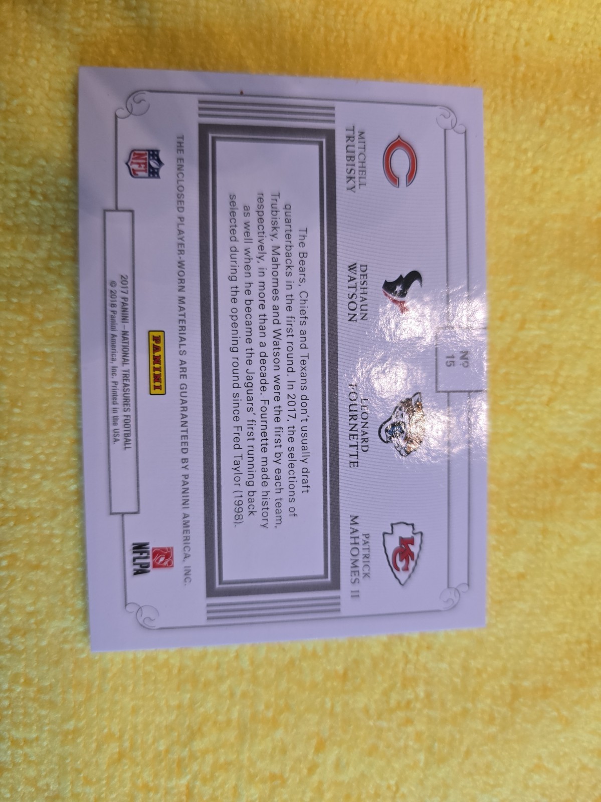 2017 National Treasures  Rookie Materials GOLD 3/10 Mahomes Rookie Quad Material view 5
