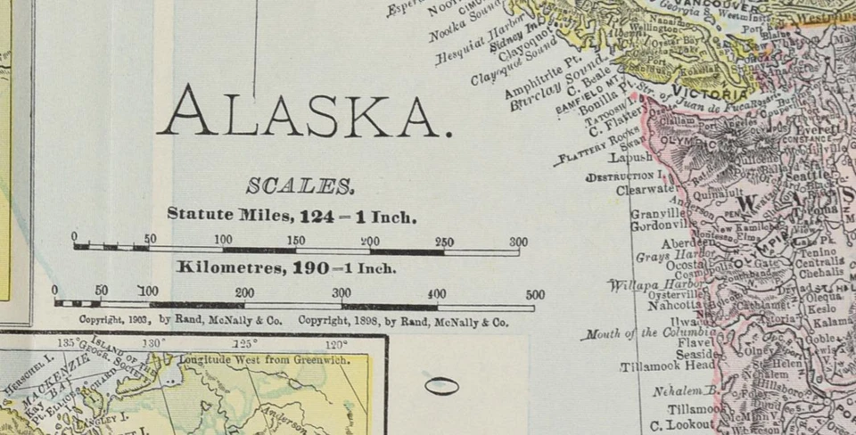 Mapa do Alasca e dos Campos de Ouro Yukon Canadá Califórnia 1903 Rand McNally - Imagem 2 de 3