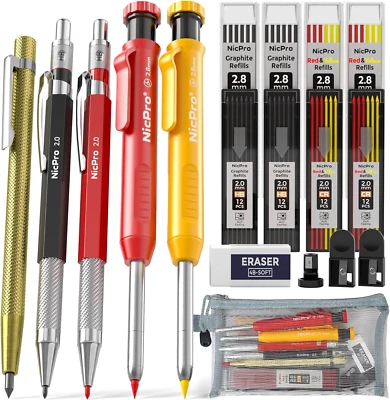 NICPRO CO.,LTD Nicpro 5 Pack Mechanical Carpenter Pencil Set with 76 Refills & Carbide Scribe T