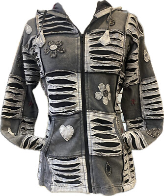 NWT Hippy Boho Winter Cotton Patchwork Jacket Hoodie Retro Gothic Coat Nepal J6