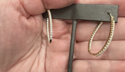 14K Gelbgold 1 Karat natürlicher runder Diamant oval Inside Out Creolen 1,25 Zoll