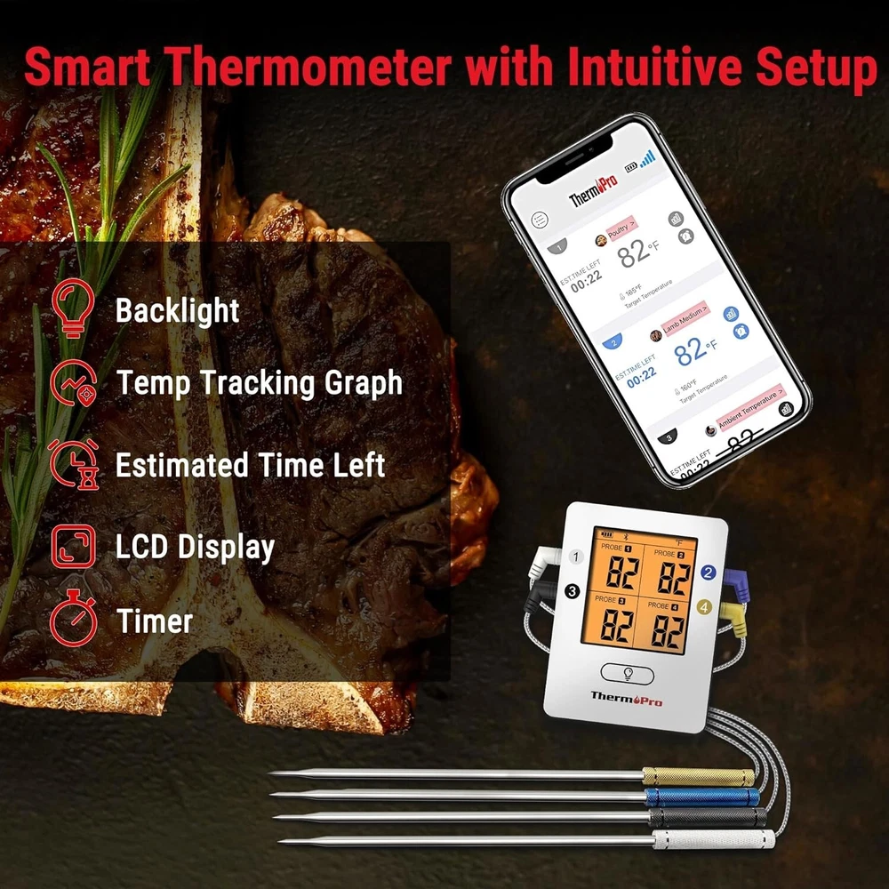 LCD Meat Thermometer with Smart Alarms & Temp Track Graph - Wireless Cooking Aid LCD Meat Thermometer with Smart Alarms & Temp Track Graph - Wireless Cooking Aid