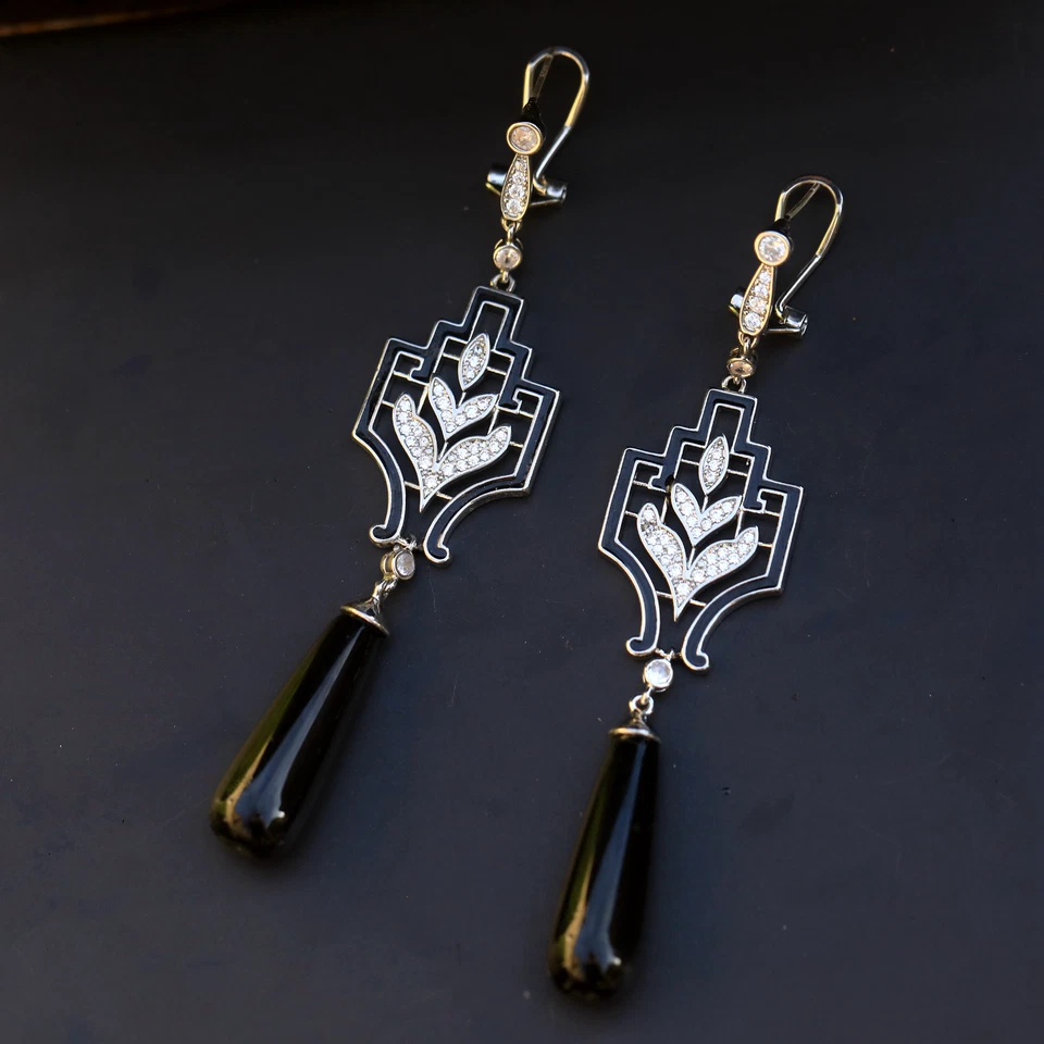 Boucles d'oreilles Art Déco Dormeuse Argenté Email Serti de CZ Agate Noir QD33 - Photo 3/4