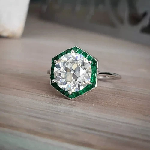 Art Deco Round Lab Created Diamond & Emerald 14K White Gold FN Engagement Ring