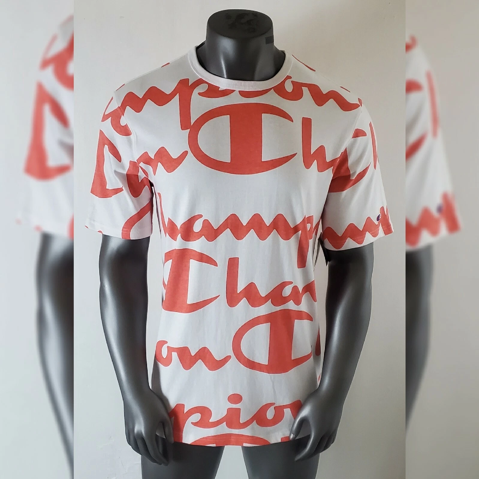 CHAMPION HERITAGE ALLOVER SCRIPT CORAL & WHITE TSHIRTS MEN' SHORT SLEEVE SIZE XL