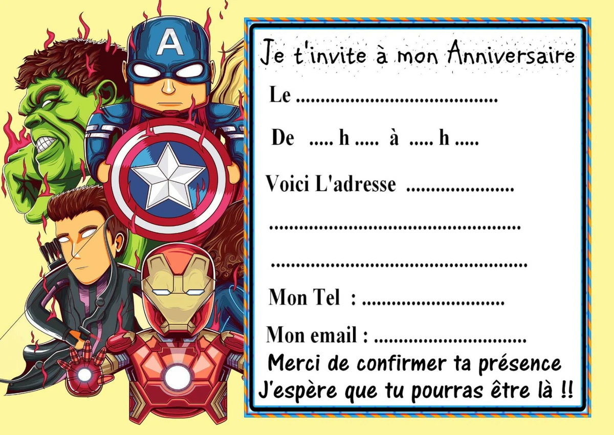 10 cartes invitation anniversaire avec ou sans enveloppe Avengers Ref 1