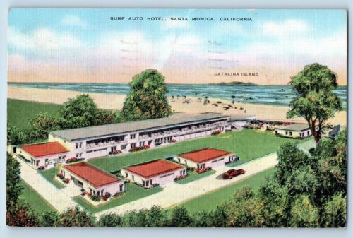 Santa Monica California CA Postcard Surf Auto Hotel Aerial View 1942 Vintage - Afbeelding 1 van 2