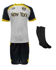 New York Style Adult Soccer Uniform Set – White/Black Jersey Shorts Socks