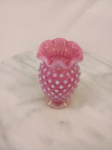 Fenton Cranberry Opalescent Hobnail 8 Point Crimped Cupped 4" Mini Vase Vintage
