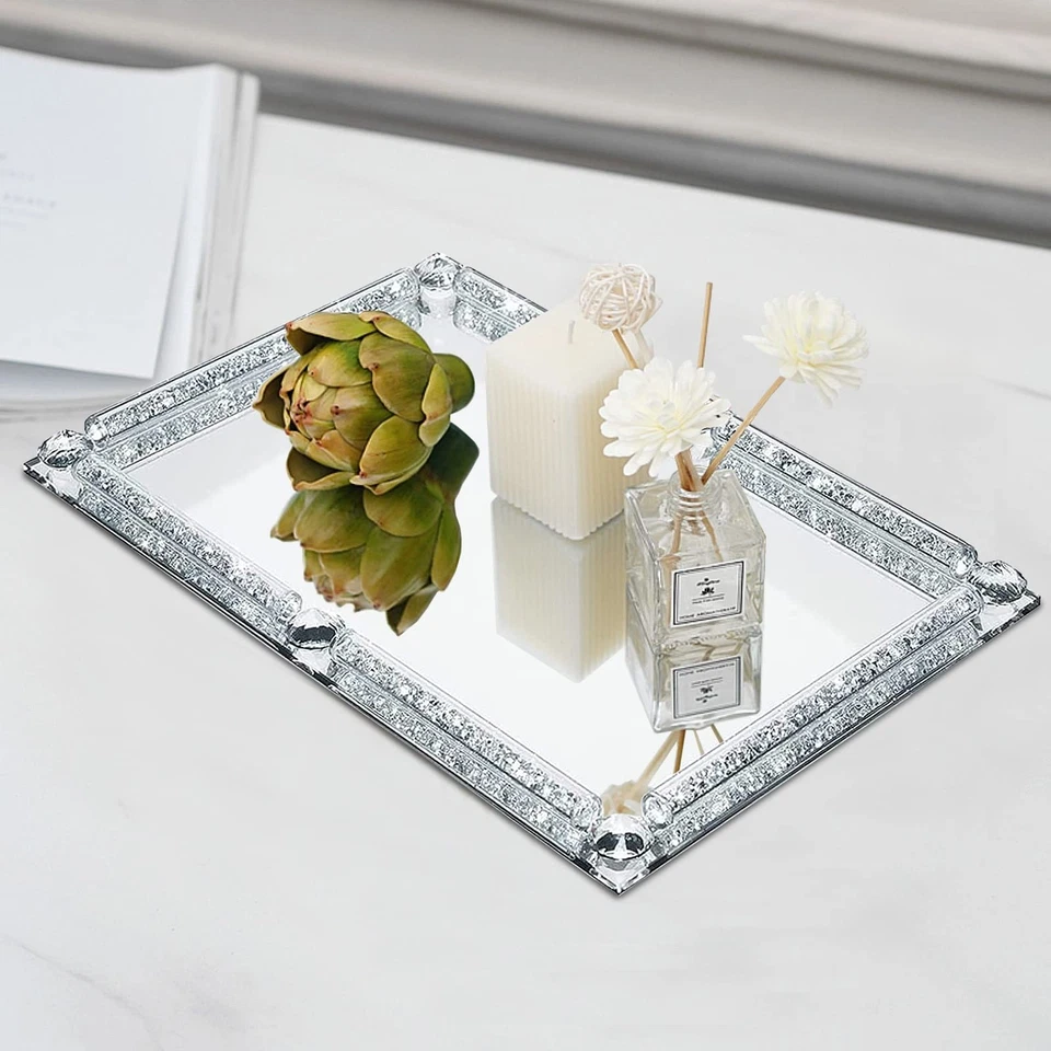 Crystal Glass Tray, Modern Mirror Jewelry Dresser Trinket Trays with Crushed ... - Image 4 of 4