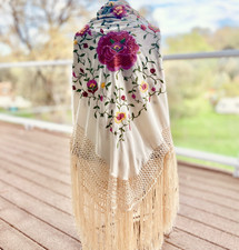 Antique Piano Shawl Manton De Manila Silk Hand Embroidered Flowers 1910 1920