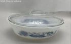 Vintage Milk Glass Casserole Dish with Clear Lid Blue Floral Design Oval