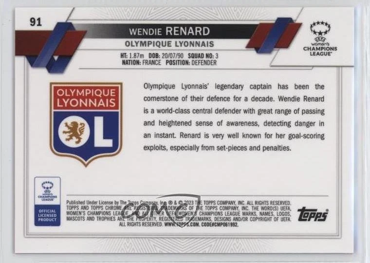 2022 Topps Chrome UEFA Women's Champions League /199 Wendie Renard #91 Rookie RC - Image 2 of 2