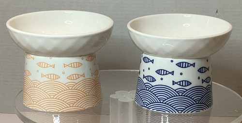 Tamaykim Tilted Ceramic Elevated Cat Bowls - Orange/Blue, Set Of 2. Fish & Ocean