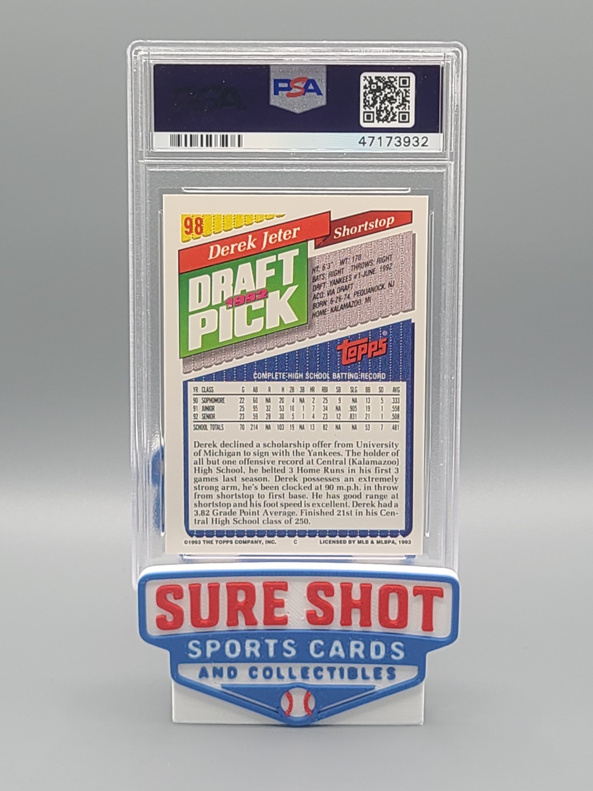 1993 Topps Derek Jeter #98 RC Draft Pick New York Yankees PSA 9 MINT HOF view 2