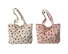 NEW CUTE STRAWBERRY CORDUROY SHOULDER TOTE BAG WITH ZIPPER ALL OVER PRINT