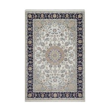 6'3"x9'4" Ivory Hand Knotted Nain with Medallion Design Wool & Silk 250 KPSI Rug