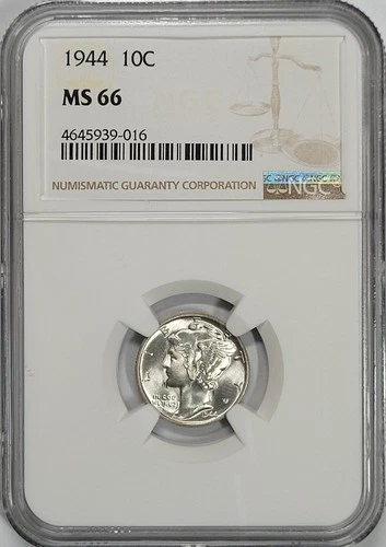 1944 10c Uncirculated Mercury Silver Dime NGC MS-66 Luster