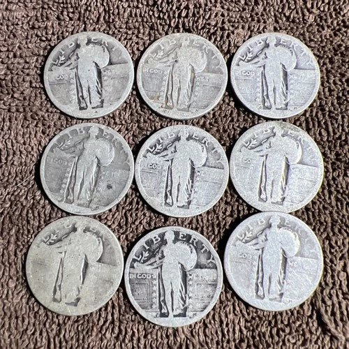 Standing Liberty Quarter Dollars (9)  Silver Worn. No Reserve Auct. 51.8 Grams