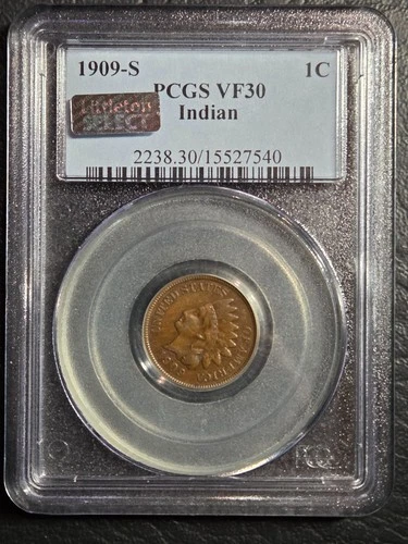 Beautiful 1909 S Indian Head Penny PCGS Graded VF 30, Littleton Select