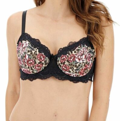Dorina Dolores BH Rose Gr. 34F Schwarz Rosa Blumen Spitze Bügel Balkonett Neu