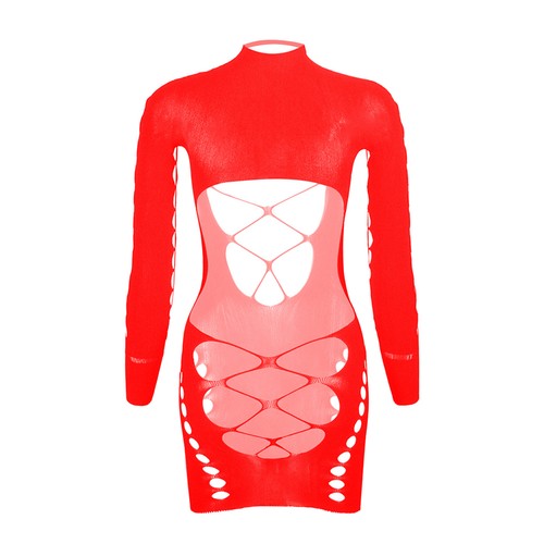 Womens Sheer Fishnet Hollow Out Long Sleeve Bodycon Lingerie Dress Mini Dress - Picture 32 of 72