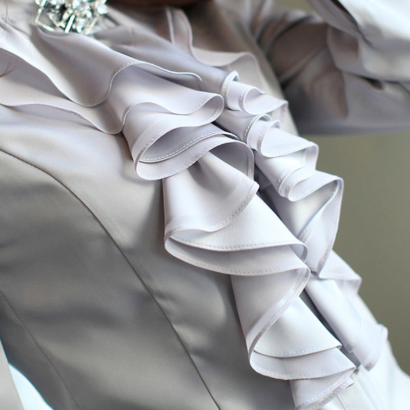 Lady Silk-like Long Sleeve Formal Shirt Frill Drape Ruffle