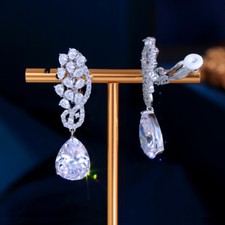 Clip On Non Pierced Ear Earrings Silver Plated Wedding Long Drop Zircon Jewelry