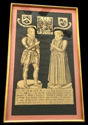 brass rubbing print Sir Nicholas & Lady Dorothy Wadham framed England 21'' tall