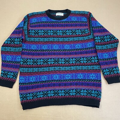 VINTAGE Alfred Dunner Knit Sweater Adult Large Blue Geometric Sweatshirt 90s Men