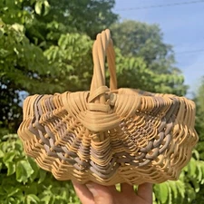 Vintage Primitive Blue & Natural Weave Egg Gathering Buttocks Basket ❤️sj8j8