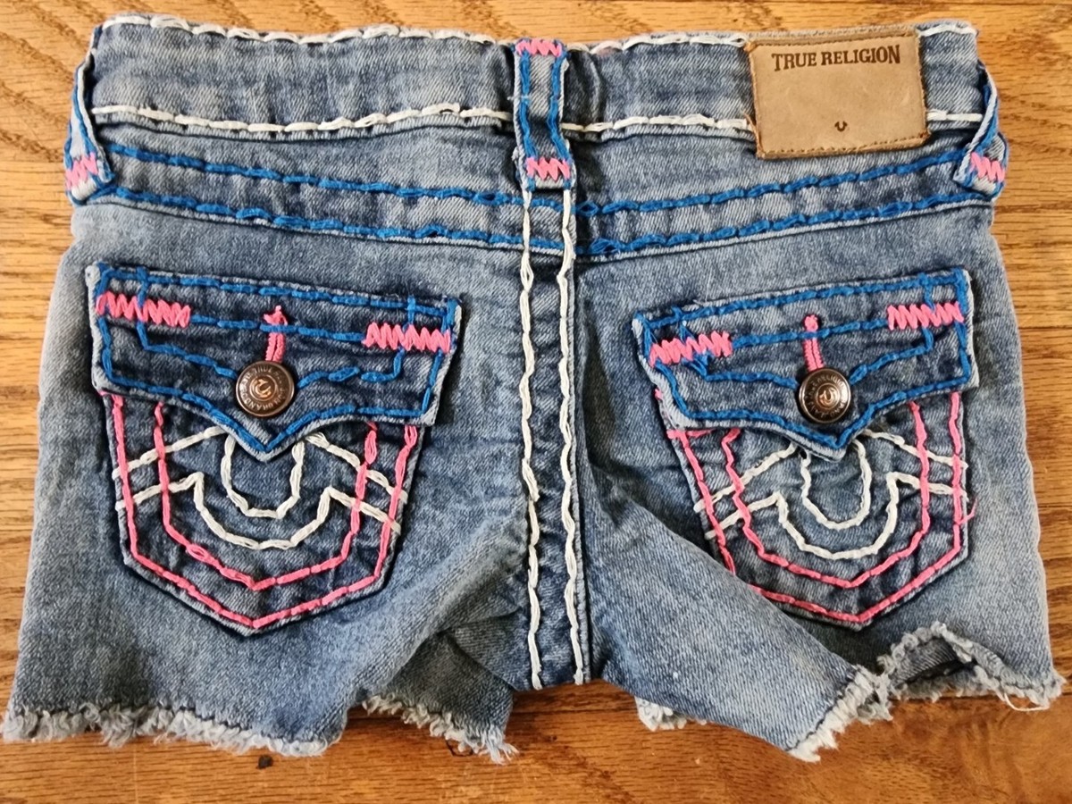 True Religion Girls Joey Super T Shorts, Size 4-pink/blue True Religion Girls Joey Super T Shorts, Size 4-pink/blue