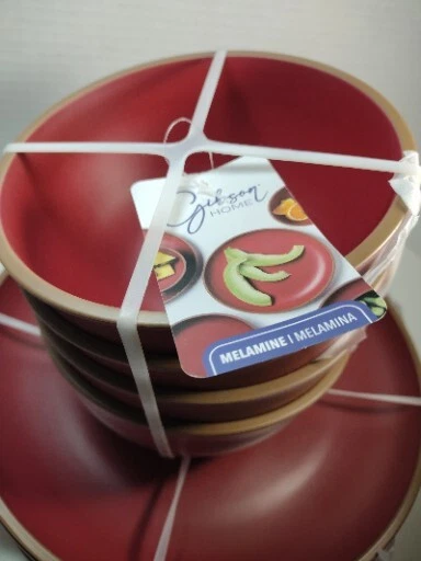 Kitchen New Gibson Home 8 Piece Melamine Four Plates For Round Bowls 1 Bowlcrack - Image 3 of 4