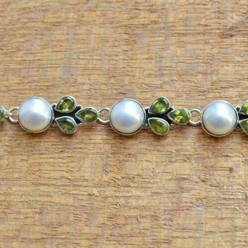 Natural Peridot Fresh Water Pearl Bracelet 925 Sterling Silver Pear Gemstone - Image 2 of 4
