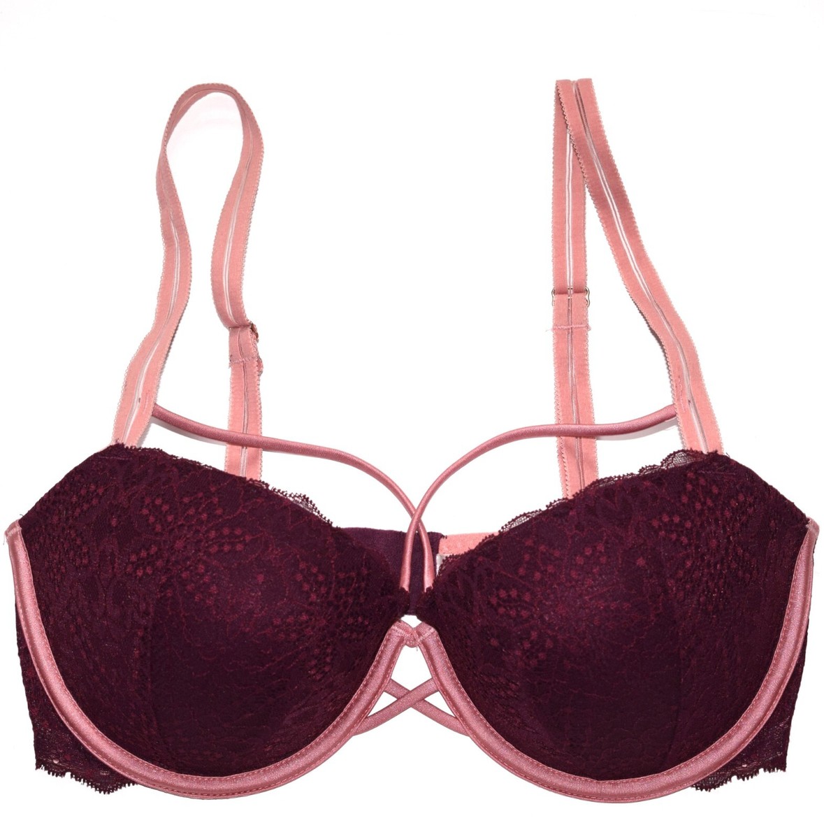 PINK Victoria's Secret Date Push-Up Red Maroon Pink Lace Bra Size
